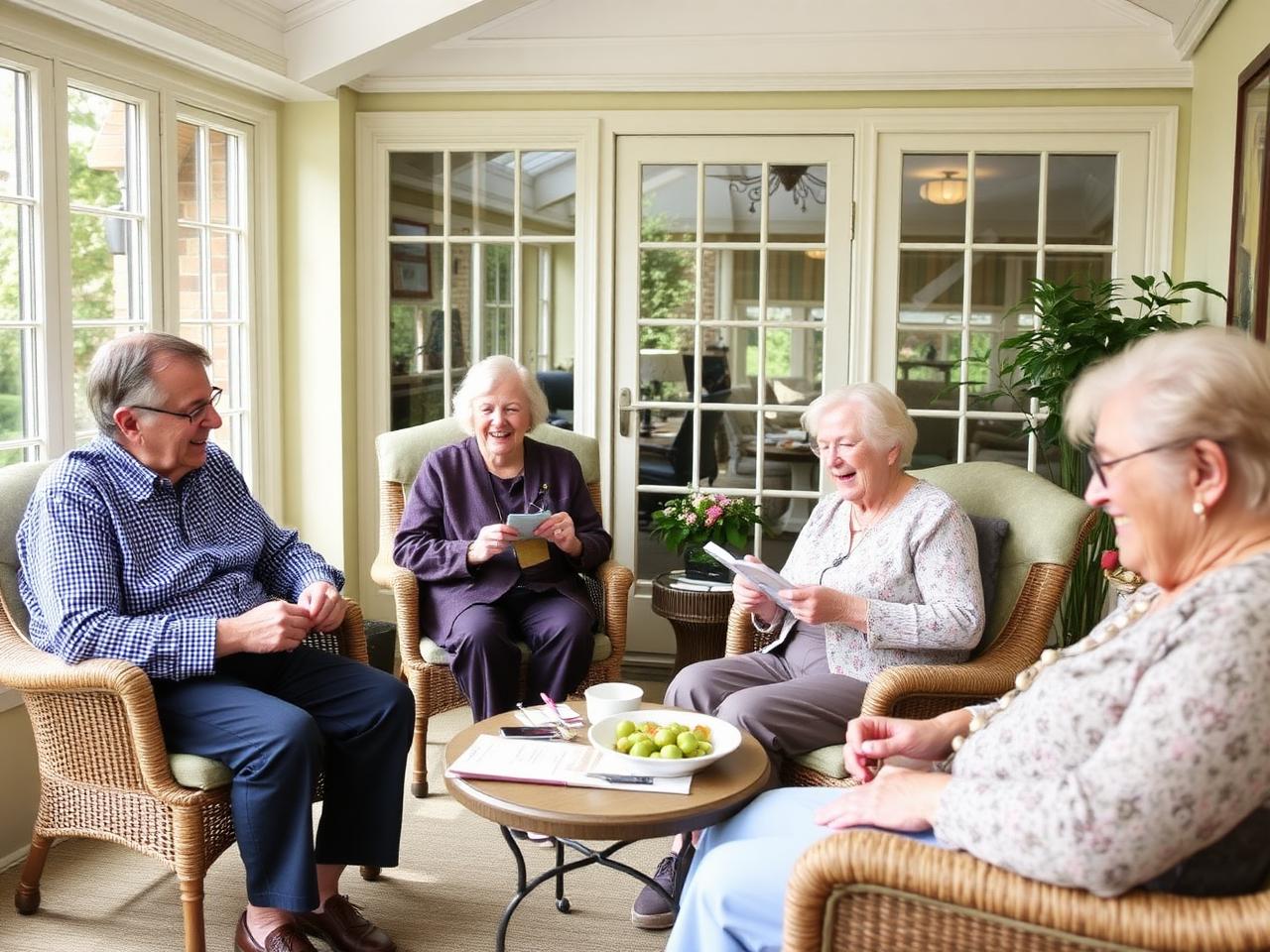 Residents enjoying activities together in the sunroom