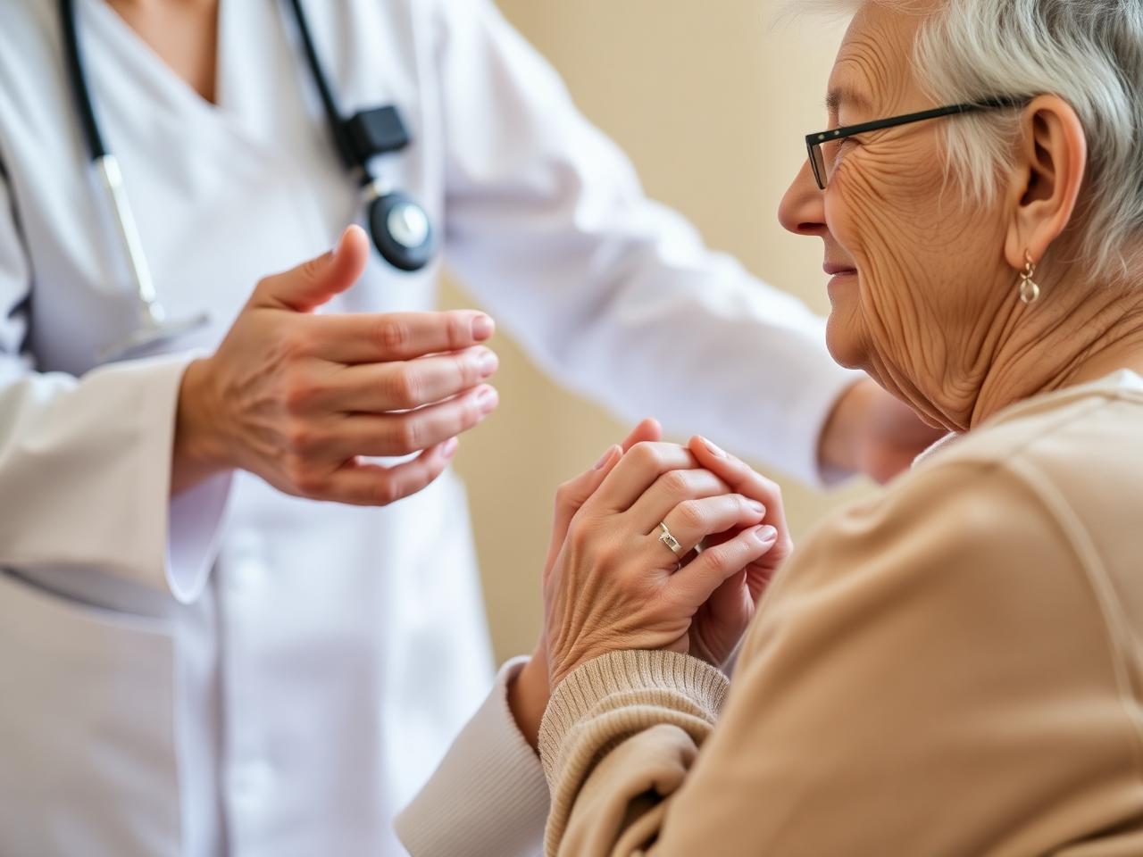 Caregiver gently holding the hand of an elderly resident