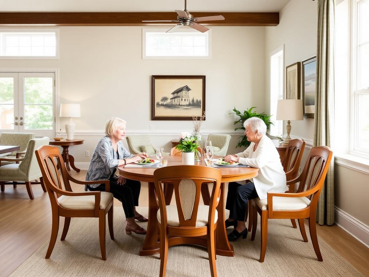 Bright dining room with family-style table
